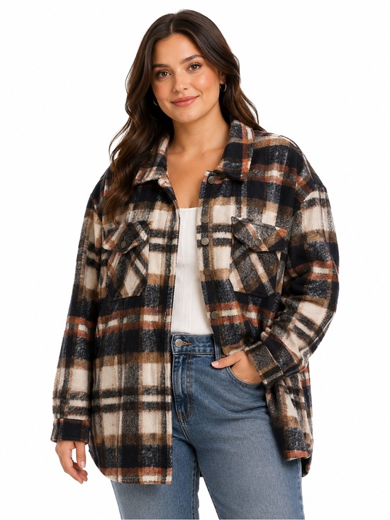 None Jackets & Blazers - Women’s Plaid Shacket Size Large Brown Black Cream Button Front Oversized Jacket